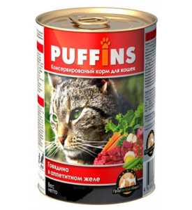 Puffins, влажный корм д/кошек кусочки говядины в желе 