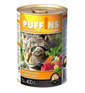 Puffins, влажный корм д/кошек кусочки мясное ассорти в желе